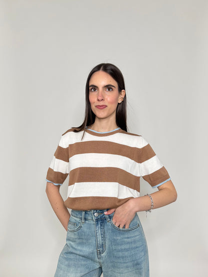 Maglia girocollo a righe manica corta in 100% cotone Panna/Camel/Celeste