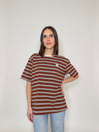 T-shirt millerighe con ricamo in cotone - Cioccolato