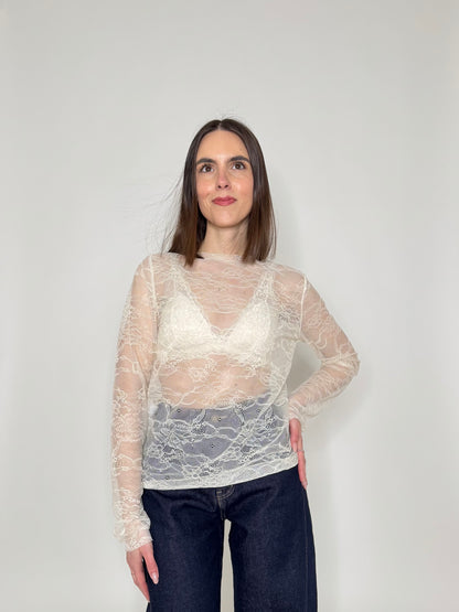 Maglia girocollo light pizzo Crema