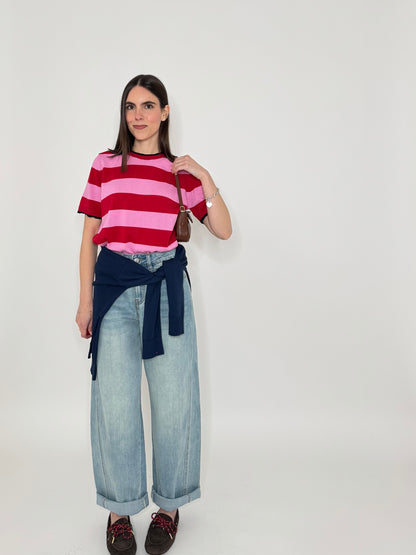 Maglia girocollo a righe manica corta in 100% cotone Confetto/Fragola/blu Navy