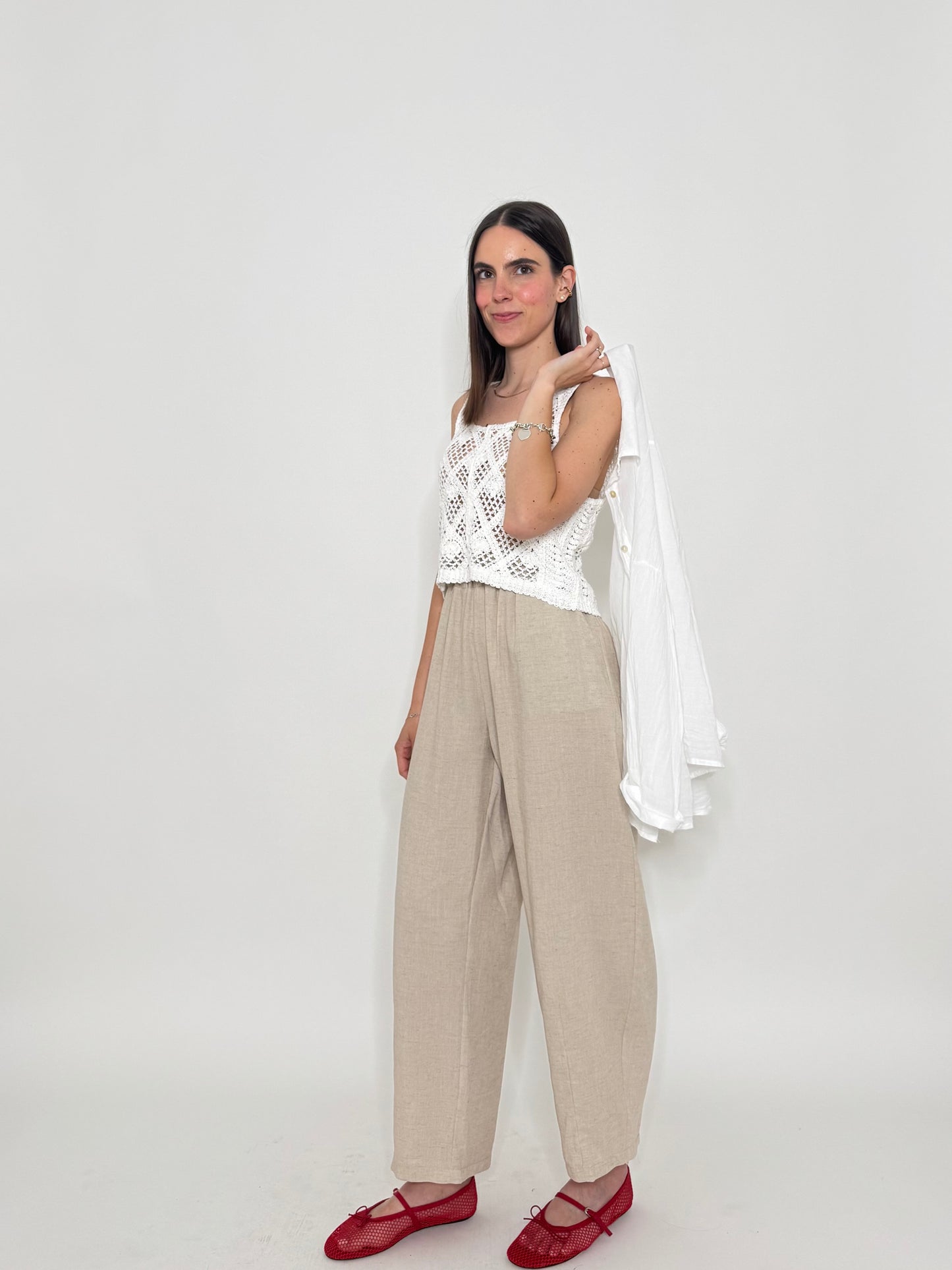 Pantalone ovetto in viscosa e lino Beige