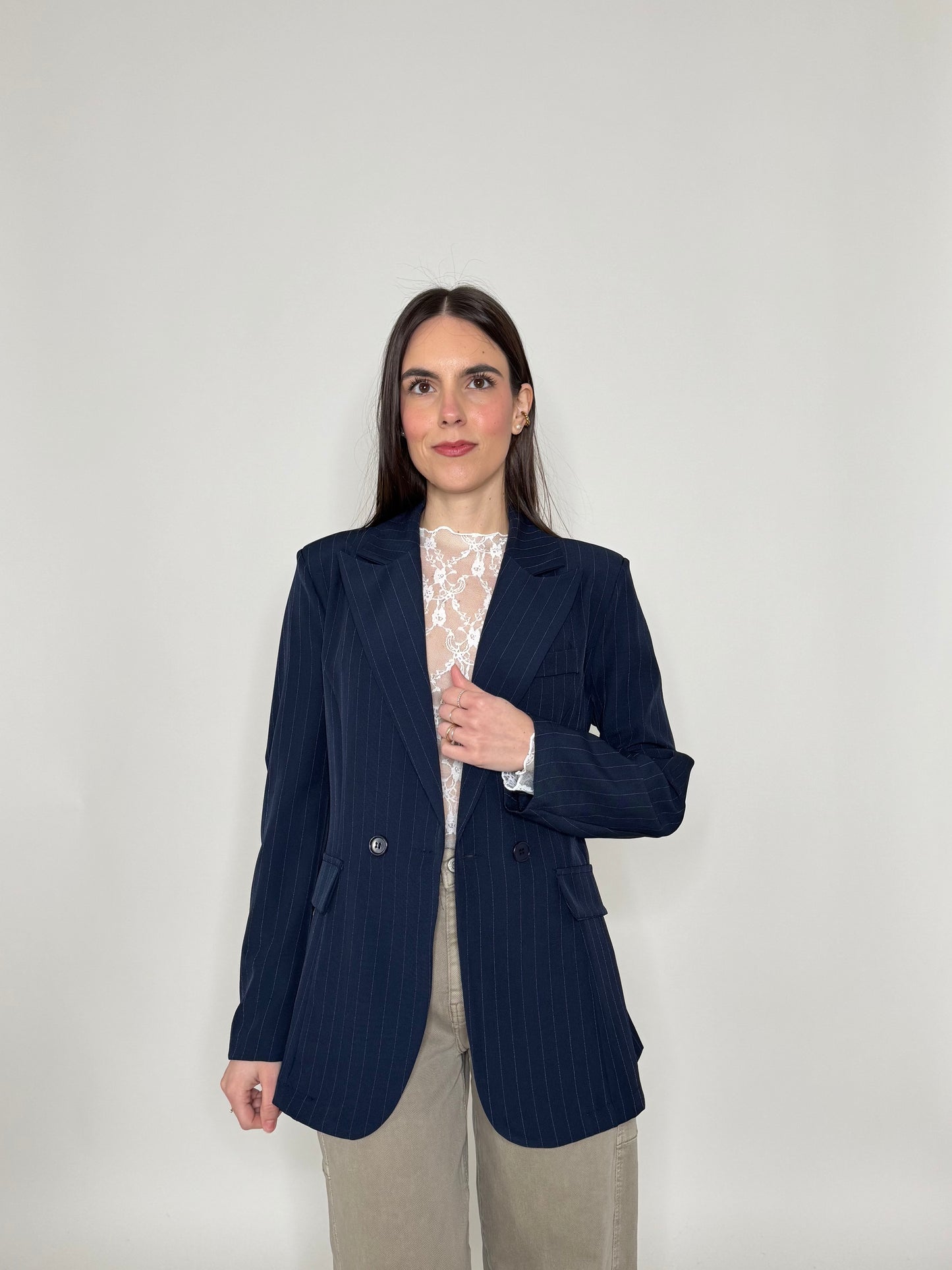 Giacca gessata doppiopetto intreccio Blu Navy