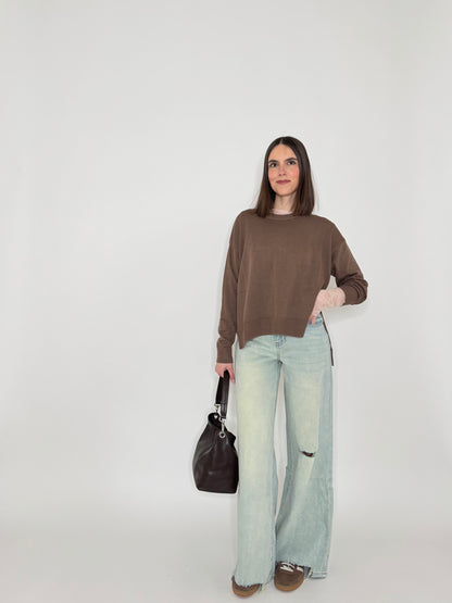 Maglia girocollo scatoletta in 100% cotone Moka