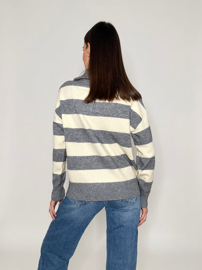 Maglione mezza zip collo alto a righe in morbida viscosa grigio/panna