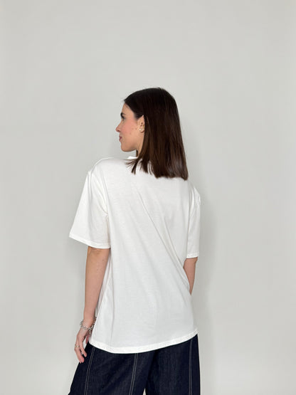 T- shirt in cotone con taschino paillette applicato Panna