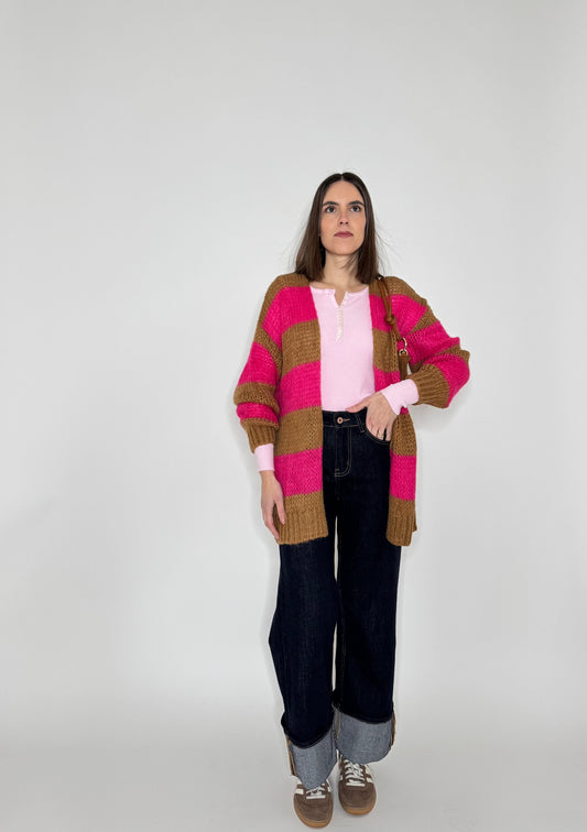 Cardigan in maglia Rainbow Tabacco/Fucsia