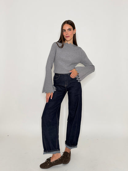 Maglia in morbida viscosa zigzag con manica a campana grigio