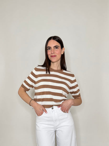 Maglia girocollo a righe manica corta in 100% cotone Camel/Panna