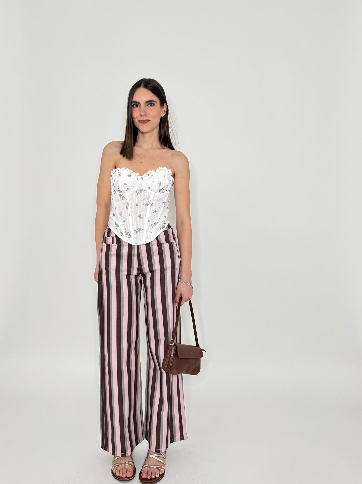 Jeans cinque tasche a righe modello wide leg Rosa/Burgundy/Grigio