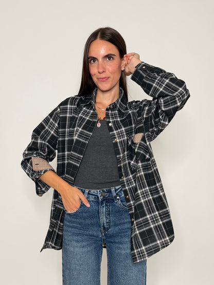 Camicia check in cotone con taschino nero