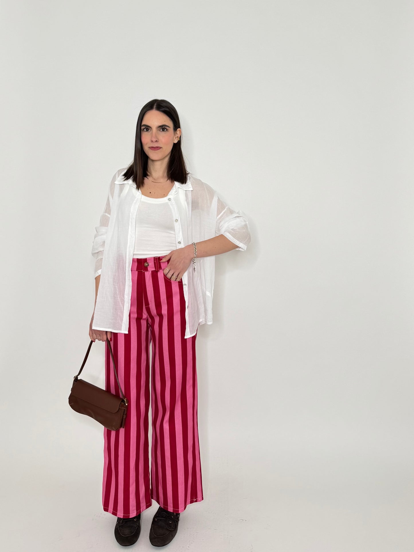 Jeans cinque tasche a righe modello wide leg Fragola/Confetto