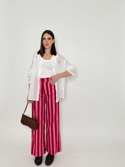 Jeans cinque tasche a righe modello wide leg Fragola/Confetto