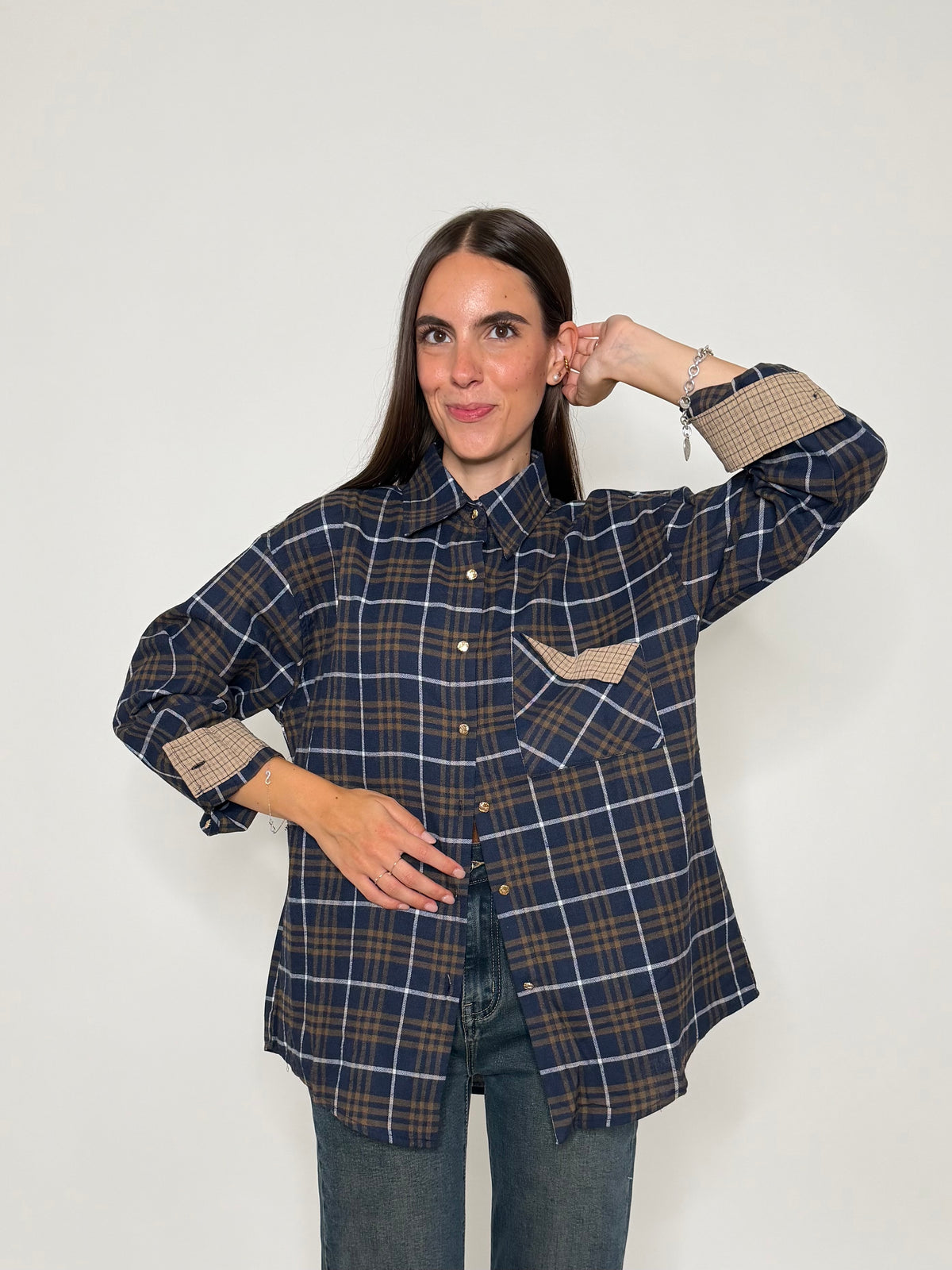 Camicia check in cotone con taschino blu