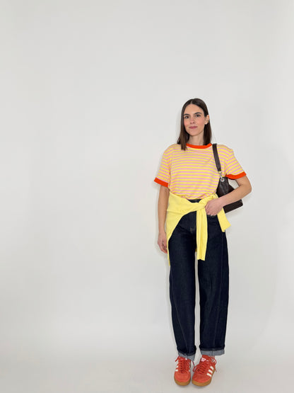T-shirt a righe in cotone con contrasti Giallo/Rosa
