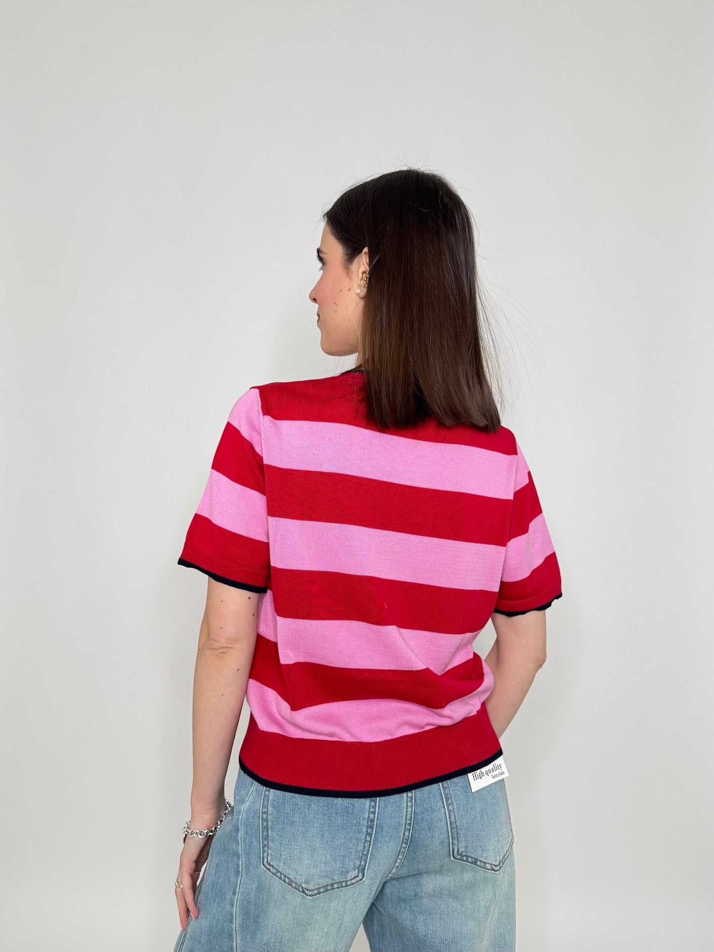 Maglia girocollo a righe manica corta in 100% cotone Confetto/Fragola/blu Navy