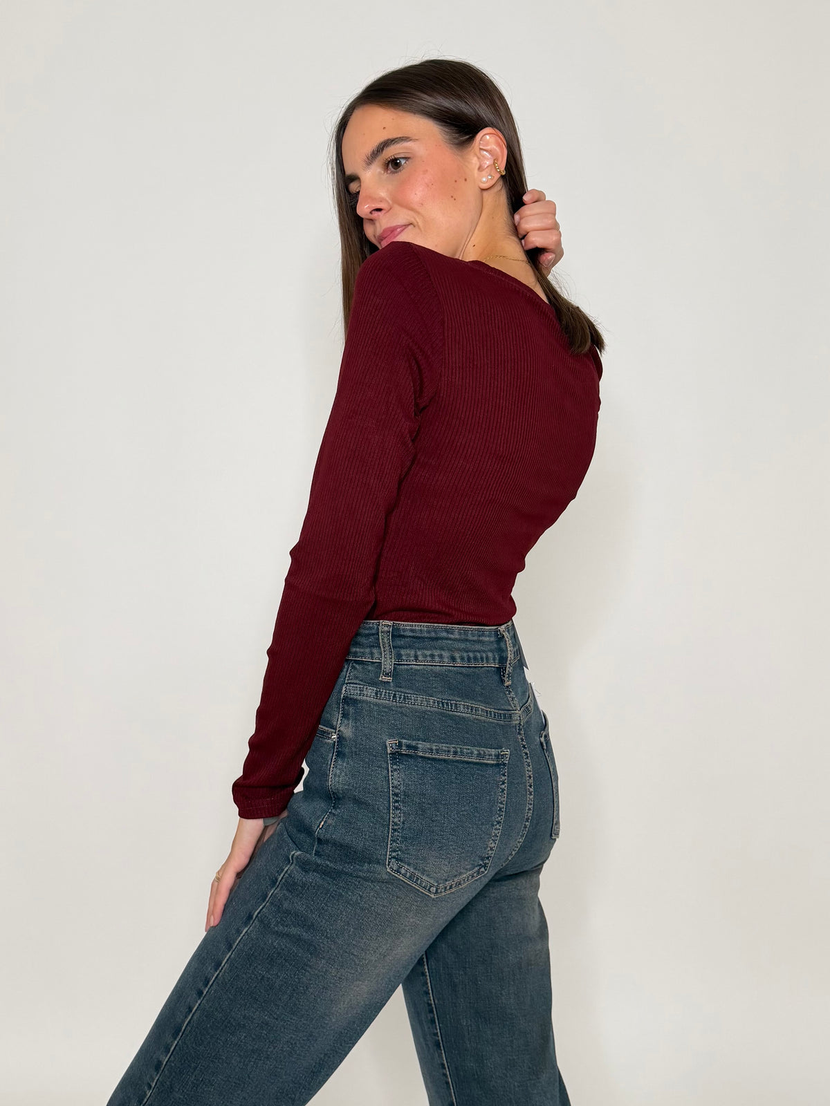 Body a costine in viscosa Bordeaux