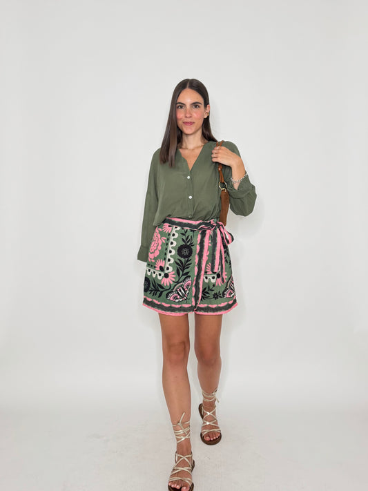 Gonna pantalone stampa florale base verde bosco