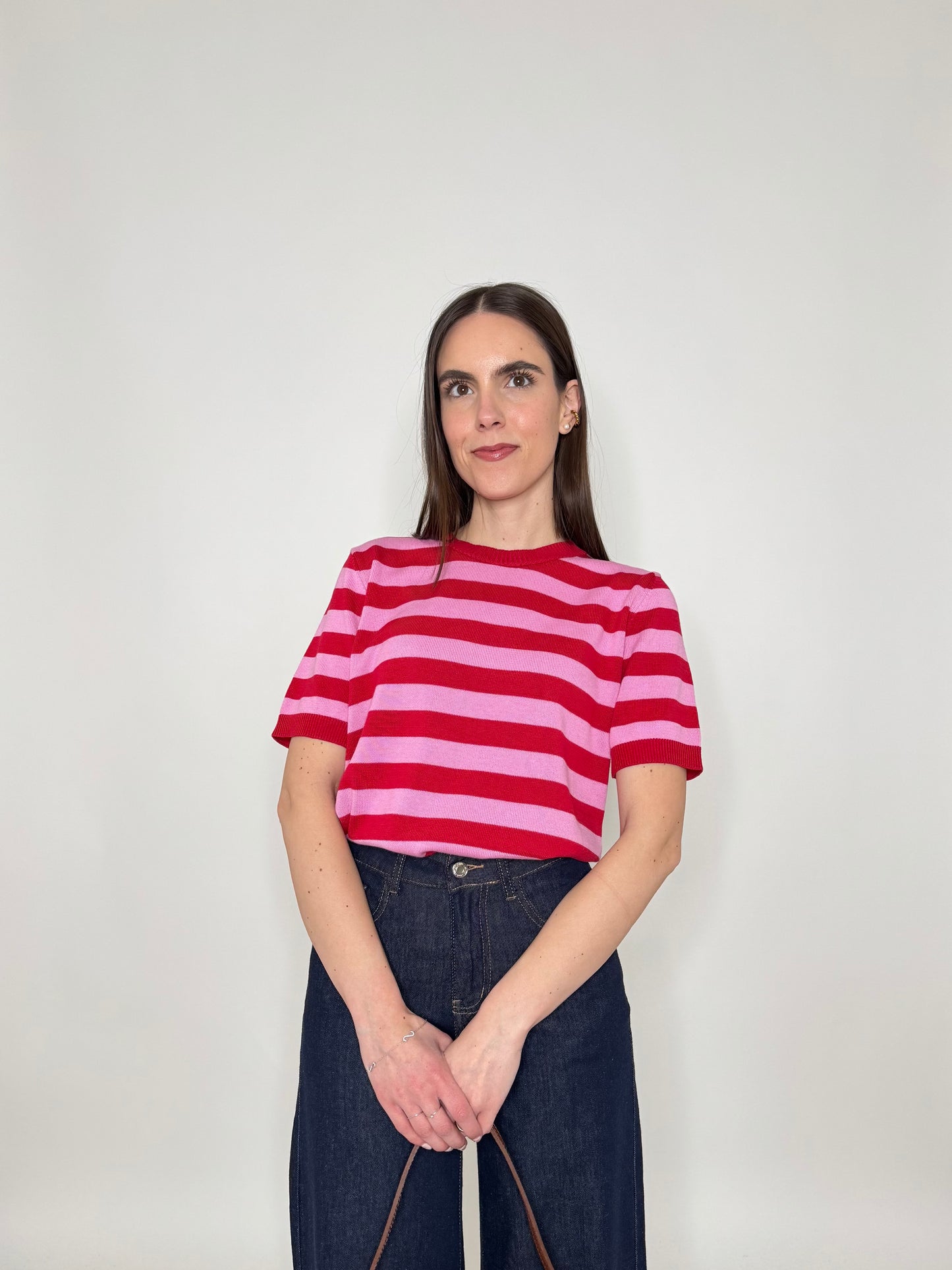Maglia girocollo a righe manica corta in 100% cotone Fragola/Confetto