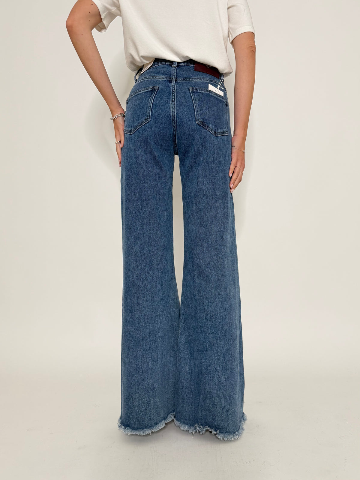 Jeans Wide Leg vita alta sfrangiato in Denim Blu