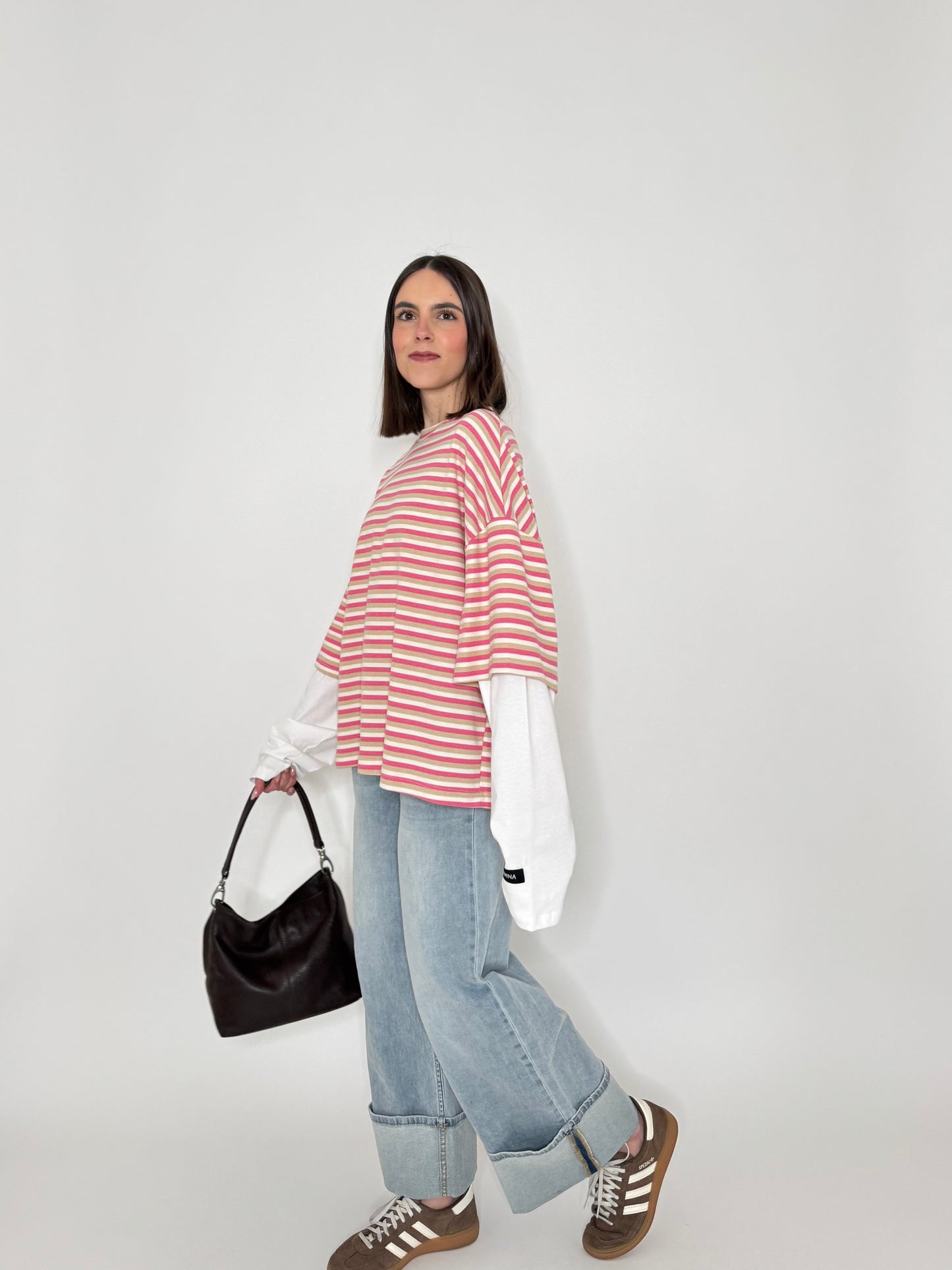 T-shirt in cotone a righe doppia manica - Lumina