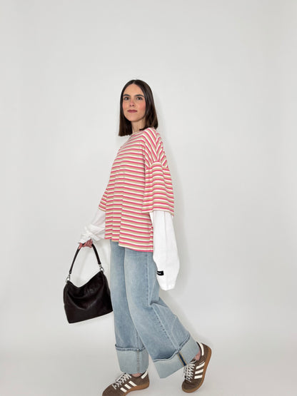 T-shirt in cotone a righe doppia manica - Lumina