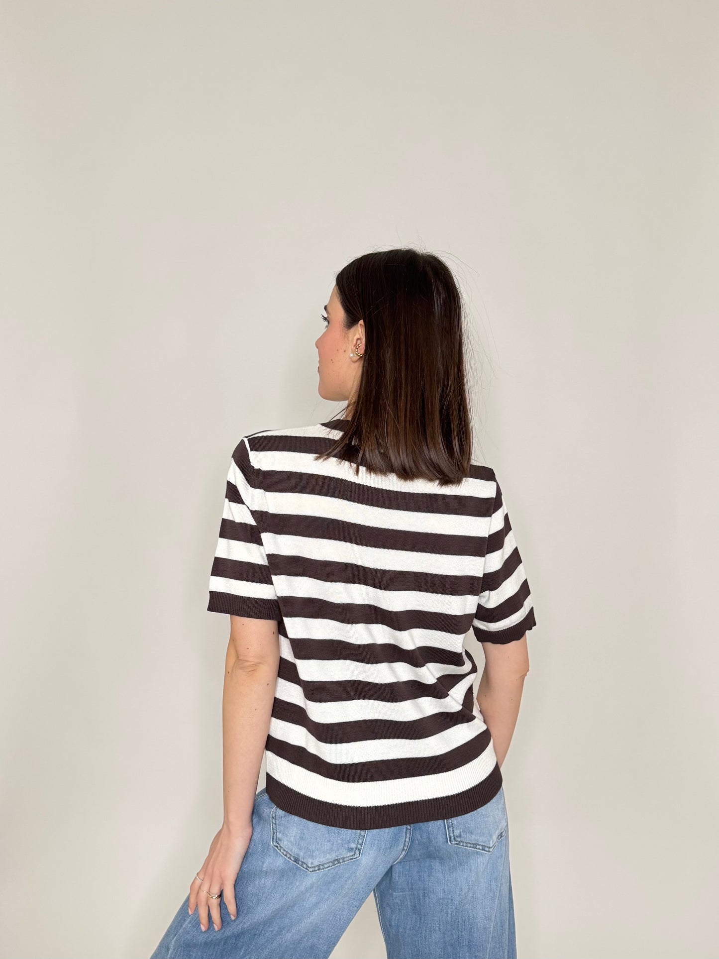 Maglia girocollo a righe manica corta in 100% cotone Moro/Panna