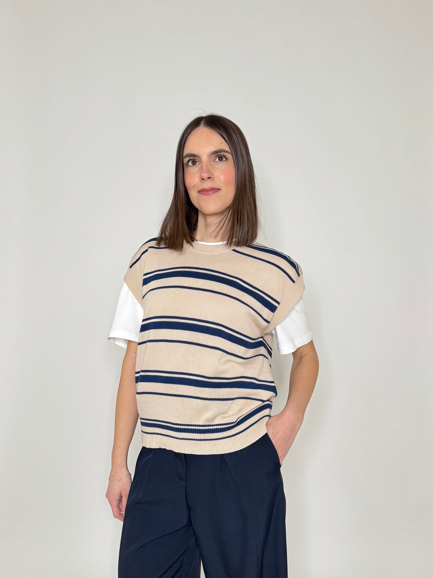 Gilet a righe in 100% cotone Beige/Navy