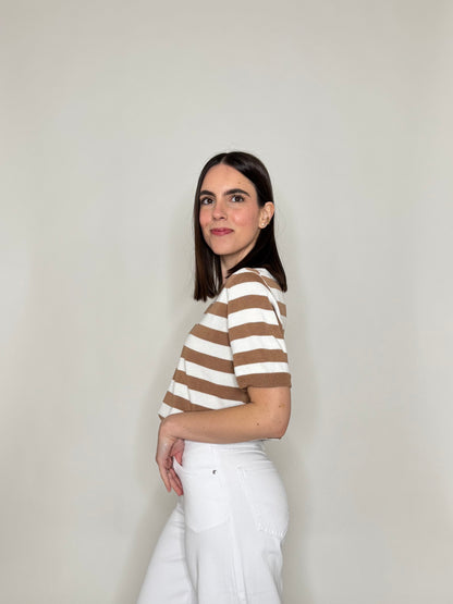 Maglia girocollo a righe manica corta in 100% cotone Camel/Panna