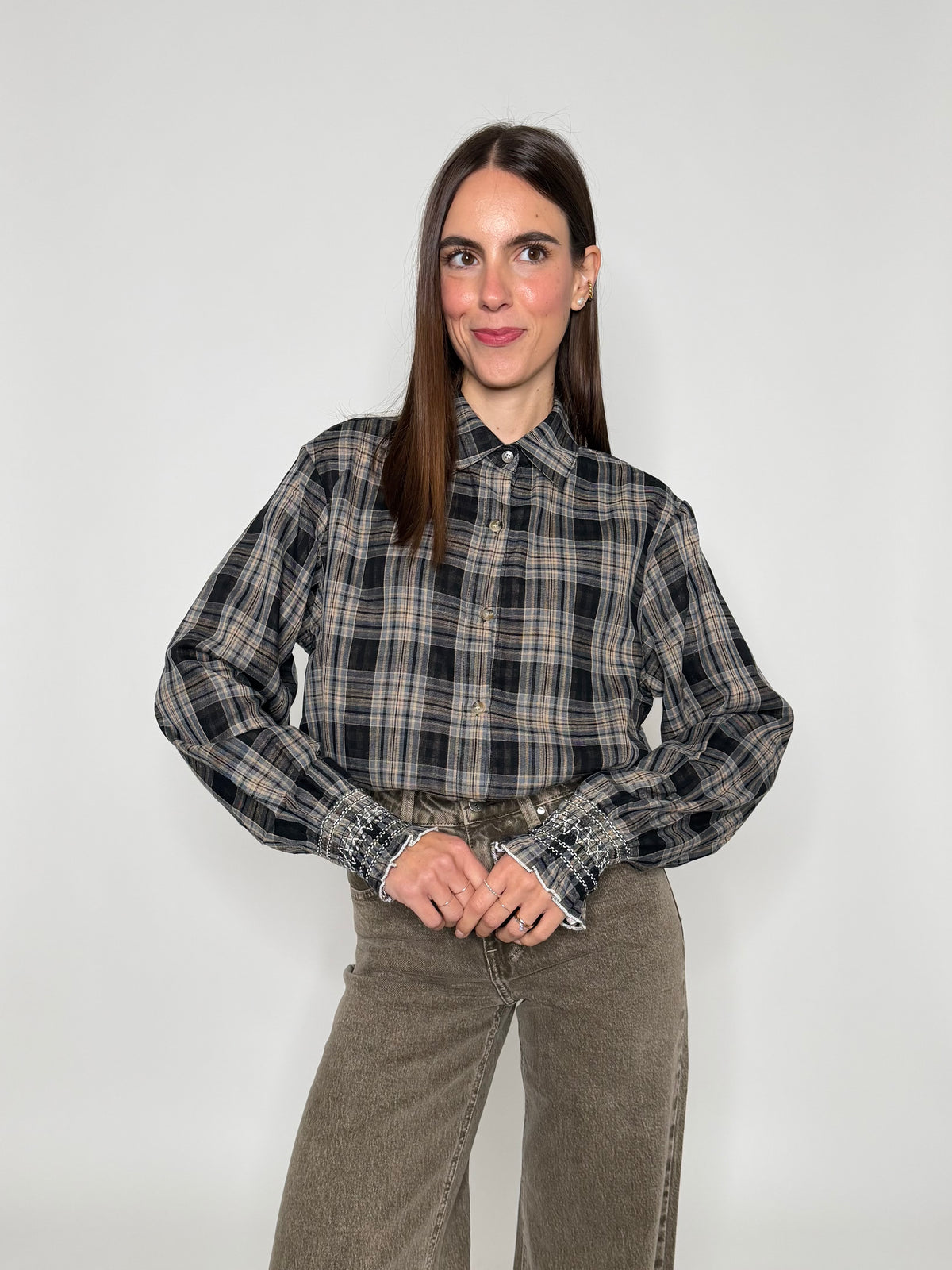 Camicia check con stampa vichy interna e polsino ricamato in cotone