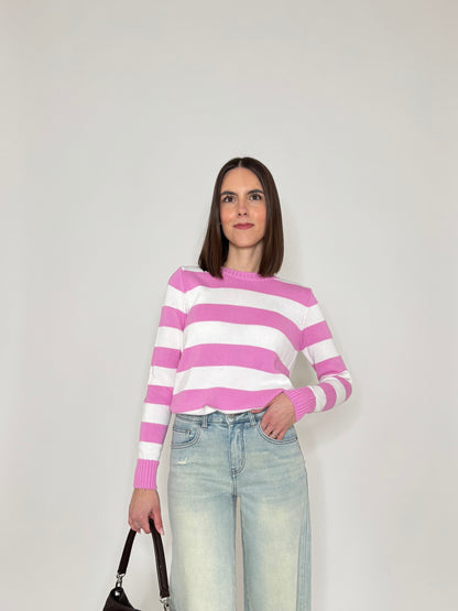 Maglia girocollo a righe in 100% cotone Confetto/Panna