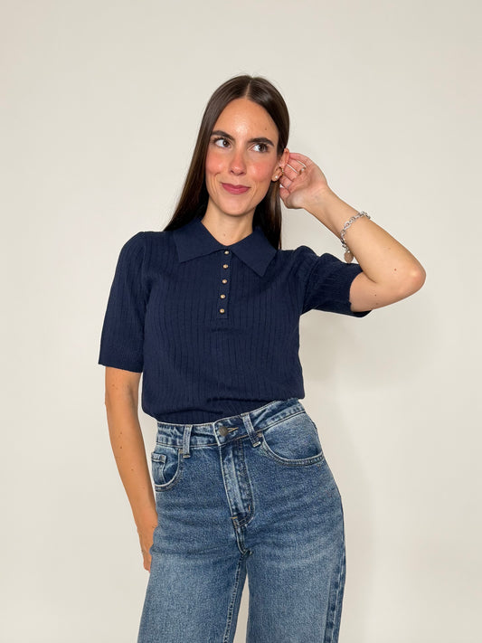 Polo a costine in morbida viscosa blu navy