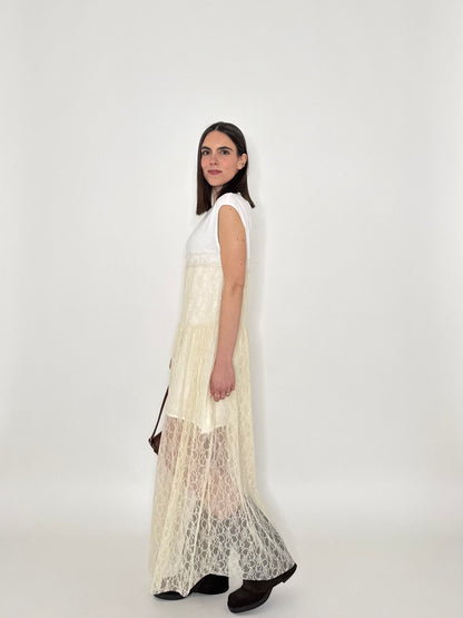 Abito lungo pizzo in cotone Crema/Bianco