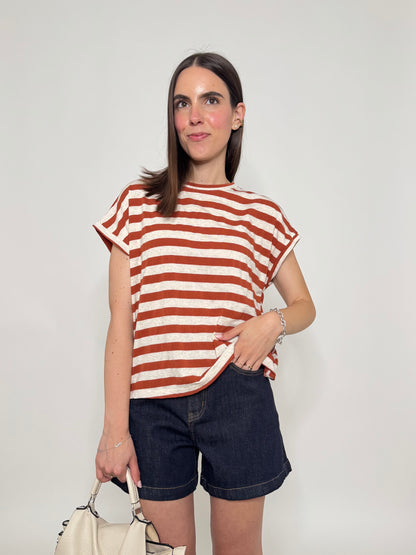 T-shirt scatoletta righe in misto lino e cotone Beige/Ruggine