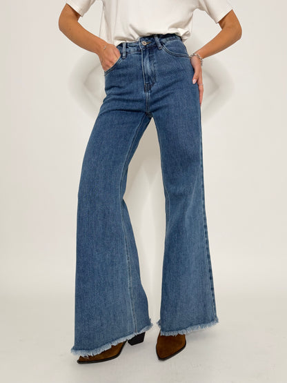 Jeans Wide Leg vita alta sfrangiato in Denim Blu
