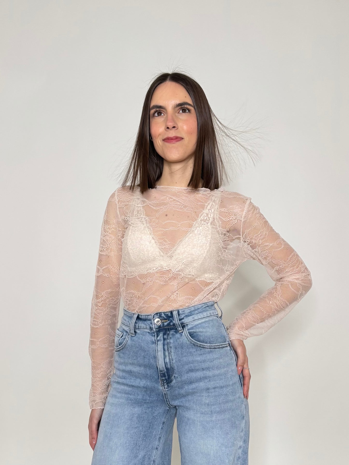 Maglia girocollo light pizzo Rosa antico