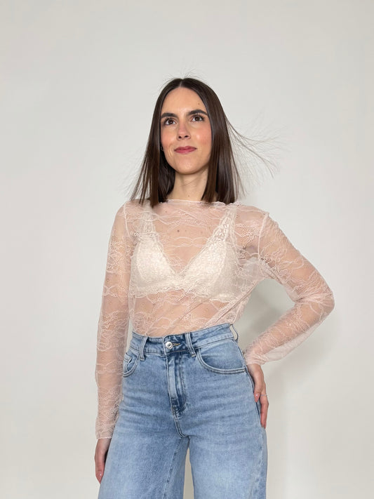 Maglia girocollo light pizzo Rosa antico