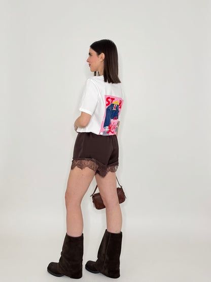 Shorts in satin cioccolato con pizzo