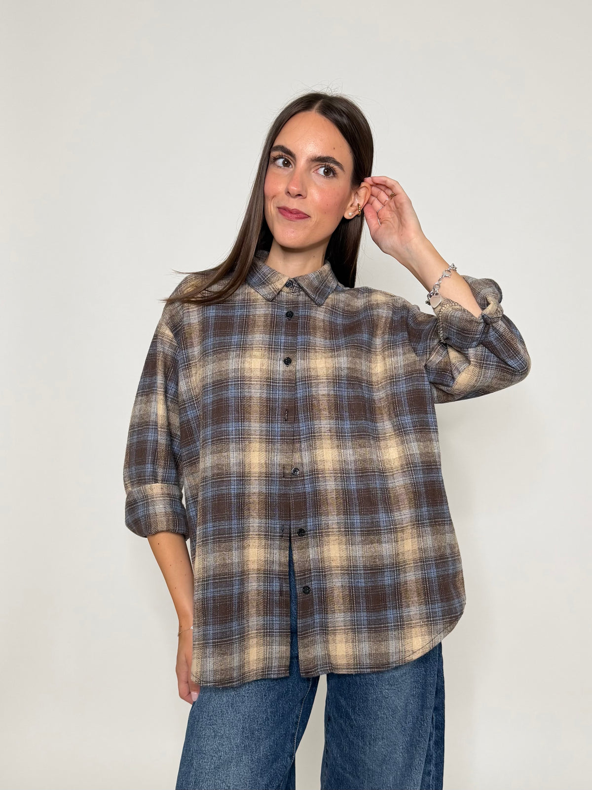 Camicia check vienna in cotone ciocco/azzurro polvere