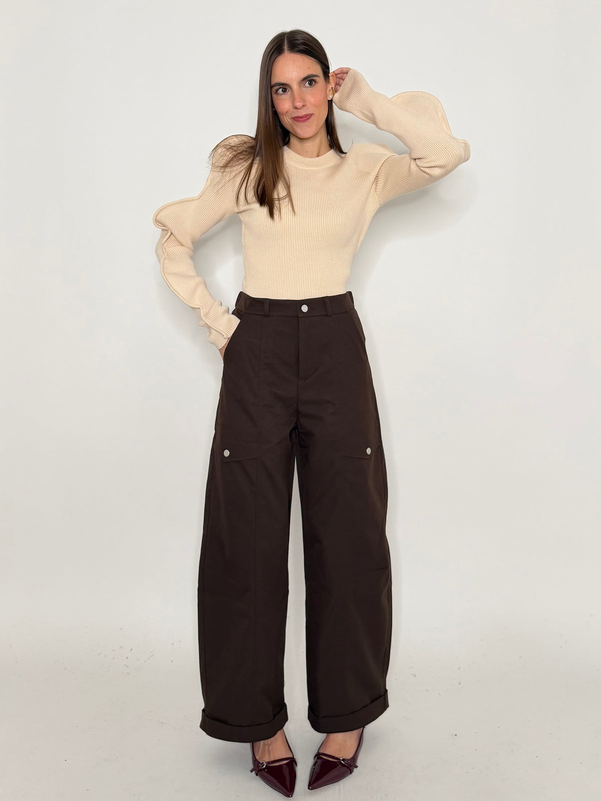 Pantalone cargo wide leg cioccolato
