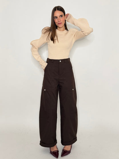 Pantalone cargo wide leg cioccolato