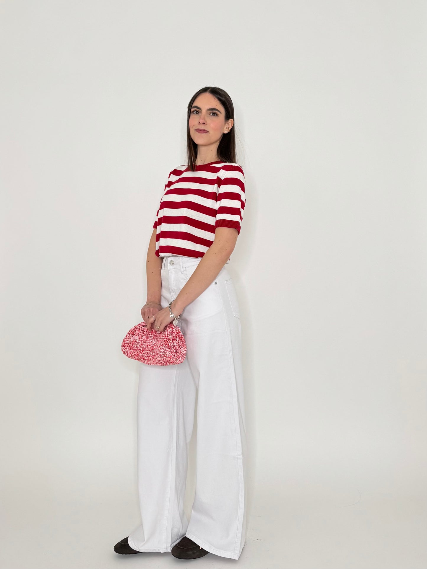 Maglia girocollo a righe manica corta in 100% cotone Rosso/Panna