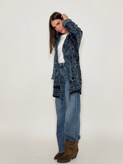 Cardigan frange stampa bandana blu notte/celeste