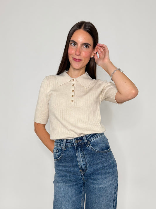 Polo a costine in morbida viscosa beige