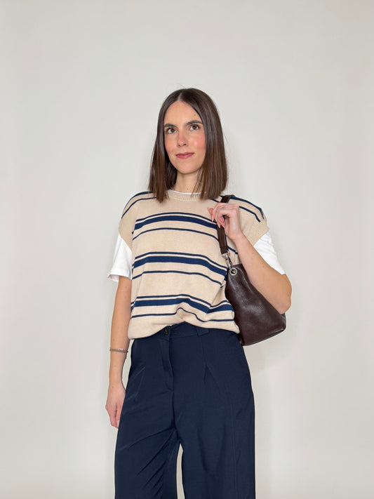 Gilet a righe in 100% cotone Beige/Navy