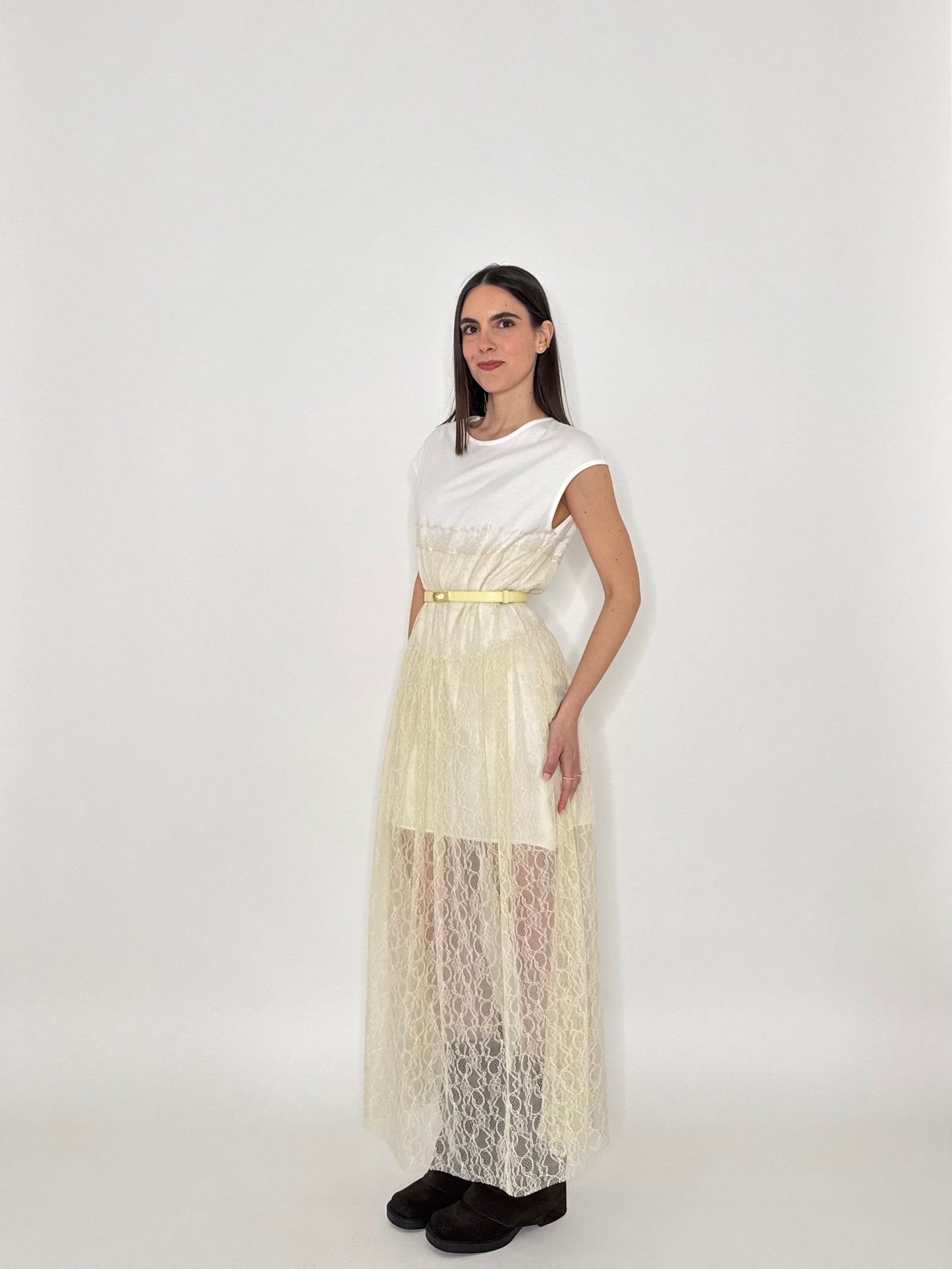 Abito lungo pizzo in cotone Crema/Bianco