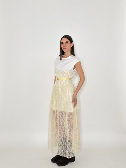 Abito lungo pizzo in cotone Crema/Bianco