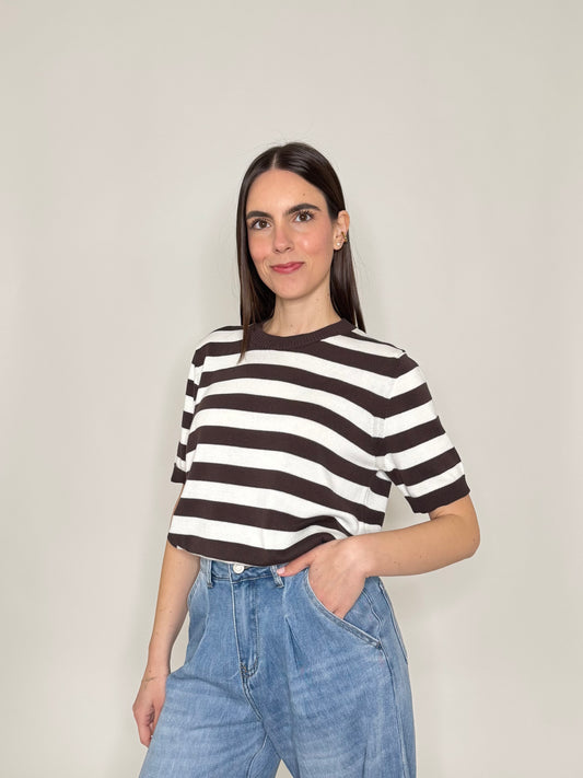 Maglia girocollo a righe manica corta in 100% cotone Moro/Panna