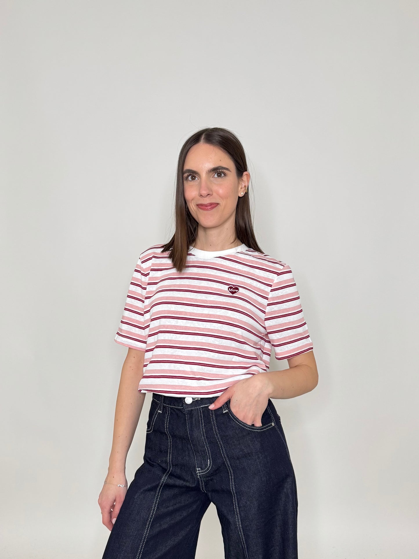 T-shirt righe light cotton con cuore Rosa