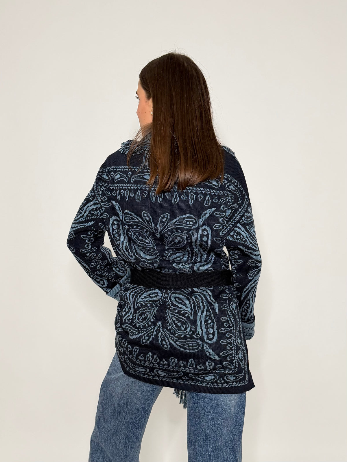 Cardigan frange stampa bandana blu notte/celeste