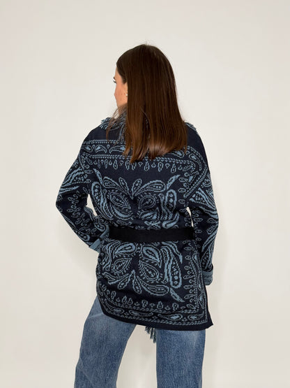 Cardigan frange stampa bandana blu notte/celeste
